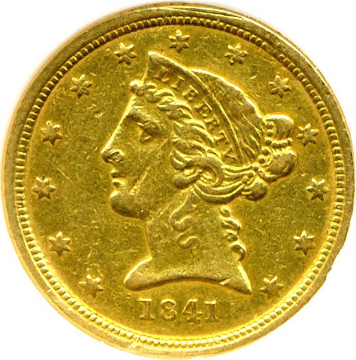 image for: 1841-C $5 DGS XF45  (Cleaned,  Rim Damage,  Repaired )