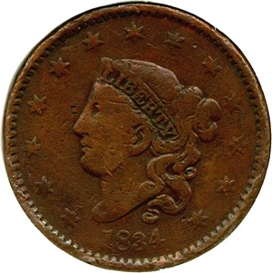 image for: 1834 1c Lg. 8, Sm. Stars, Med. Letters, N-4 DGS VG10 (Cleaned, Damaged)