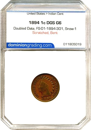image for: 1894 1c Doubled Date, FS-01-1894-301, Snow-1 DGS G6 (Scratched, Bent)
