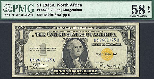 image for: Fr.2306 1935A $1 North Africa PMG AU58 EPQ  [B52601375C]