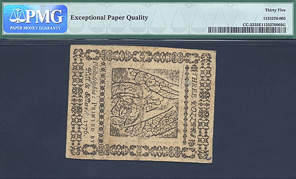 image for: Continental Congress: Fr.CC25 1776 $3 17-Feb PMG VF35 EPQ  [19928]