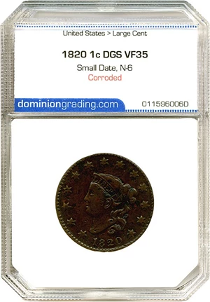 image for: 1820 1c Small Date, N-6 DGS VF35 (Corroded)