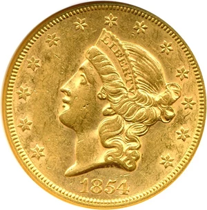 image for: 1854 $20 Small Date NGC AU58