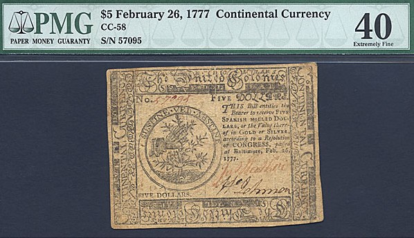 image for: Continental Congress: Fr.CC58 1777 $5 26-Feb PMG XF40  [57095]