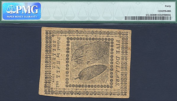image for: Continental Congress: Fr.CC58 1777 $5 26-Feb PMG XF40  [57095]