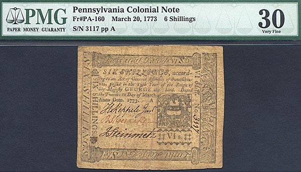 image for: Pennsylvania: Fr.PA160 1773 6s 20-Mar PMG VF30  [3117]