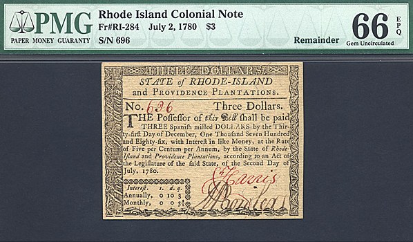 image for: Rh. Island: Fr.RI284 1780 $3 2-Jul PMG Gem CU66 EPQ [696] Remainder