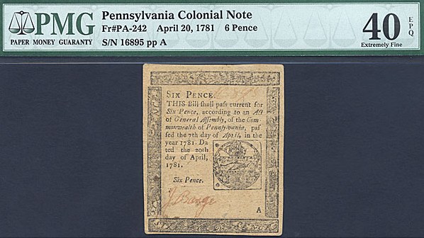 image for: Pennsylvania: Fr.PA242 1781 6d 20-Apr PCGS XF40 EPQ [16895]