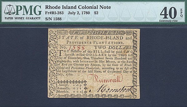 image for: Rh. Island: Fr.RI283 1780 $2 2-Jul PMG XF40 EPQ  [1588]