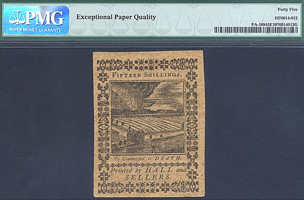 image for: Pennsylvania: Fr.PA168 1773 15s 1-Oct PMG XF45 EPQ  [12180]