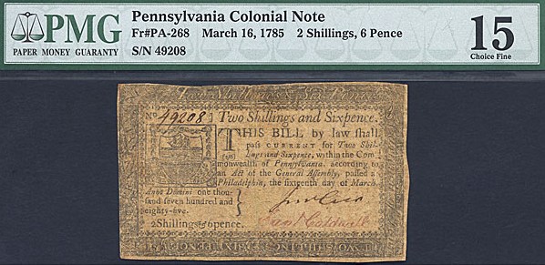 image for: Pennsylvania: Fr.PA268 1785 2s/6d 16-Mar PCGS F15  [49208]
