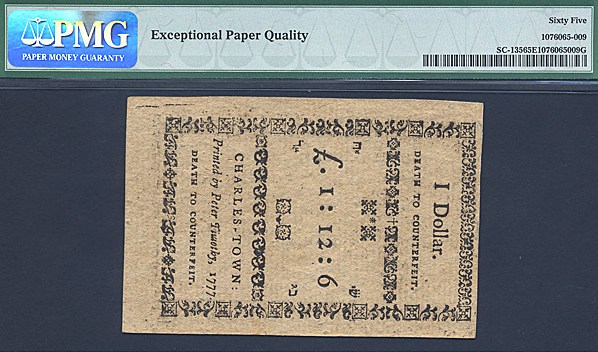 image for: South Carolina: Fr.SC135 1776,1777 on the back $1 23-Dec PMG Gem CU65 EPQ [No Serial] Remainder