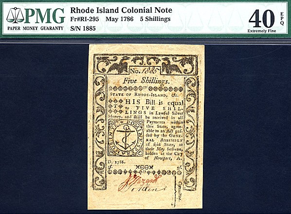 image for: Rh. Island: Fr.RI295 1786 5s May PMG XF40 EPQ  [1885]