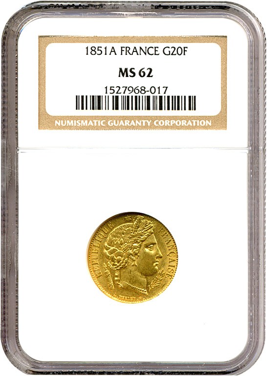 image for: France: 1851-A 20 Fr  NGC MS62