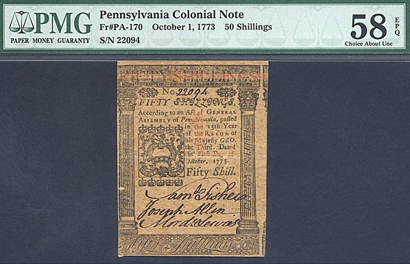 image for: Pennsylvania: Fr.PA170 1773 50s 1-Oct PMG AU58 EPQ [22094]