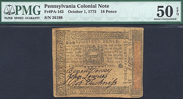 image for: Pennsylvania: Fr.PA163 1773 18d 1-Oct PMG AU50 EPQ  [26188]