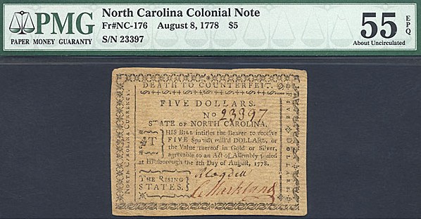 image for: North Carolina: Fr.NC176 1778 $5 8-Aug PMG AU55 EPQ  [23397]