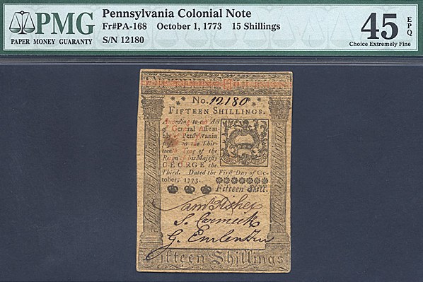 image for: Pennsylvania: Fr.PA168 1773 15s 1-Oct PMG XF45 EPQ  [12180]