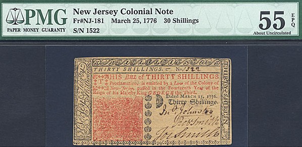 image for: New Jersey: Fr.NJ181 1776 30s 25-Mar PMG AU55 EPQ [1522]