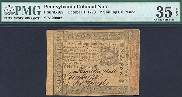 image for: Pennsylvania: Fr.PA165 1773 2s/6d 1-Oct PMG VF35 EPQ  [20902]