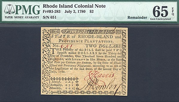 image for: Rh. Island: Fr.RI283 1780 $2 2-Jul PMG Gem CU65  [651] Remainder