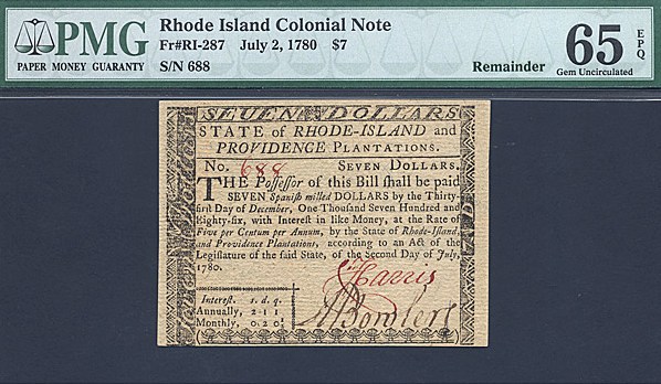 image for: Rh. Island: Fr.RI287 1780 $7 2-Jul PMG Gem CU65 EPQ [688] Remainder