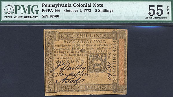 image for: Pennsylvania: Fr.PA166 1773 5s 1-Oct PMG AU55 EPQ [16760]
