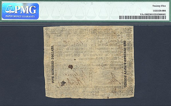 image for: Virginia: Fr.VA196 October 16, 1780 $500  PMG VF25  [14890]