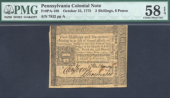 image for: Pennsylvania: Fr.PA188 1775 2s/6d 25-Oct PMG AU58 EPQ  [7832]