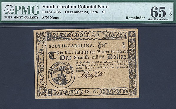 image for: South Carolina: Fr.SC135 1776,1777 on the back $1 23-Dec PMG Gem CU65 EPQ [No Serial] Remainder