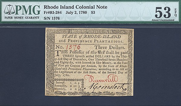 image for: Rh. Island: Fr.RI284 1780 $3 2-Jul PMG AU53 EPQ  [1576]