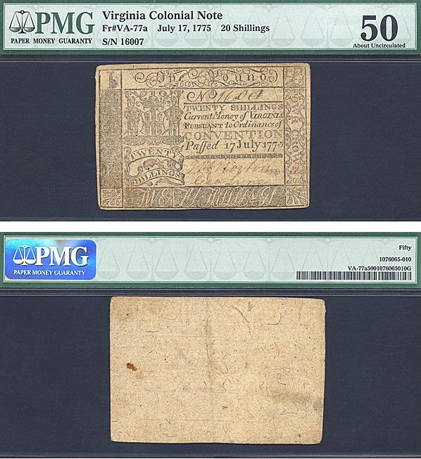 image for: Virginia: Fr.VA77a 1775 20s 17-Jul PMG AU50  [16007]