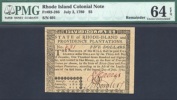 image for: Rh. Island: Fr.RI286 1780 $5 2-Jul PMG Choice CU64  [691] Remainder