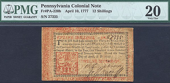 image for: Pennsylvania: Fr.PA220b 1777 12s 10-Apr PCGS VF20  [27335]