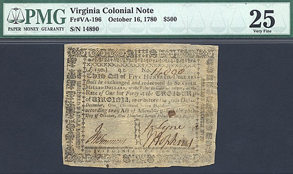 image for: Virginia: Fr.VA196 October 16, 1780 $500  PMG VF25  [14890]