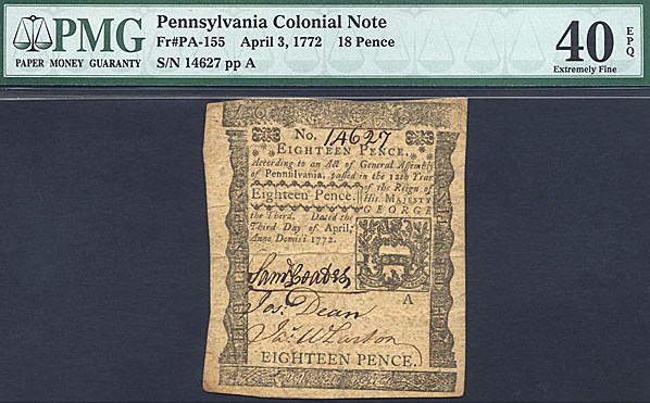image for: Pennsylvania: Fr.PA155 1772 18d 3-Apr PMG XF40 EPQ [14627]