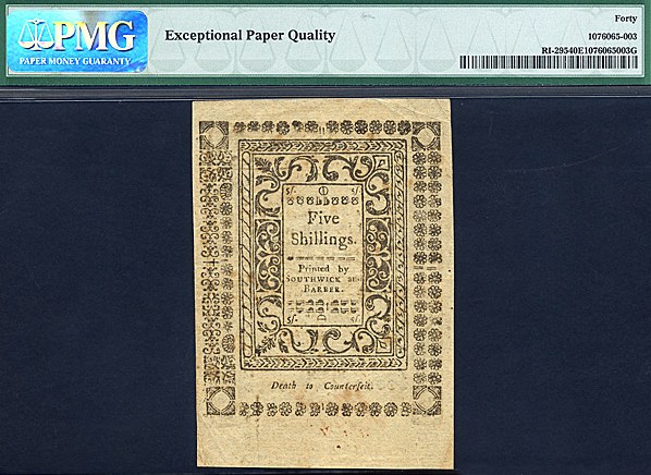 image for: Rh. Island: Fr.RI295 1786 5s May PMG XF40 EPQ  [1885]