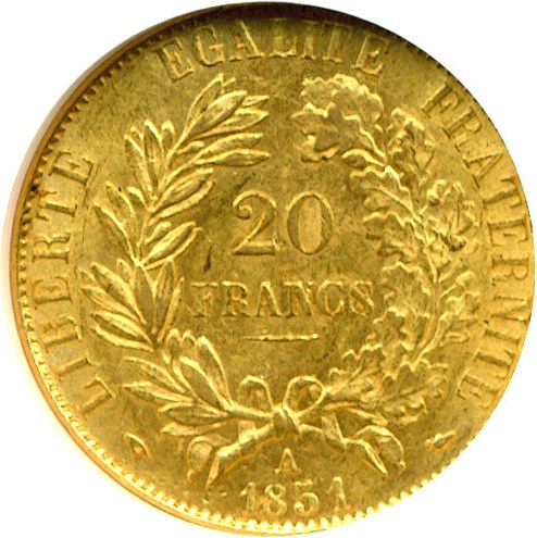 image for: France: 1851-A 20 Fr  NGC MS62