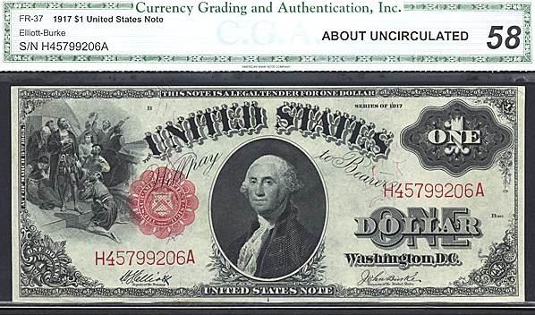 image for: Fr.37 1917 $1 Sawhorse CGA AU58  [H45799206A]