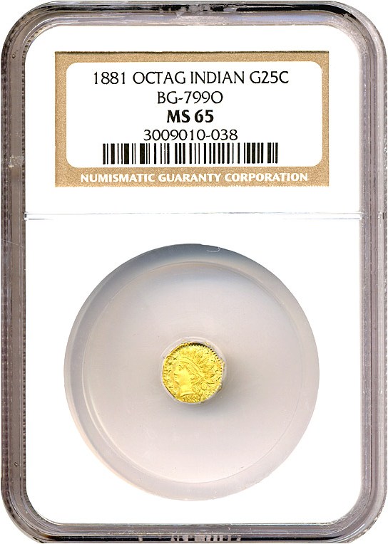 image for: Cal Gold: 1881 25c NGC MS65 (BG-799 O) 
