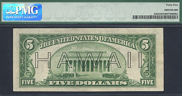 image for: Fr.2302 1934A $5 Hawaiian PMG XF45  [L68947987A]