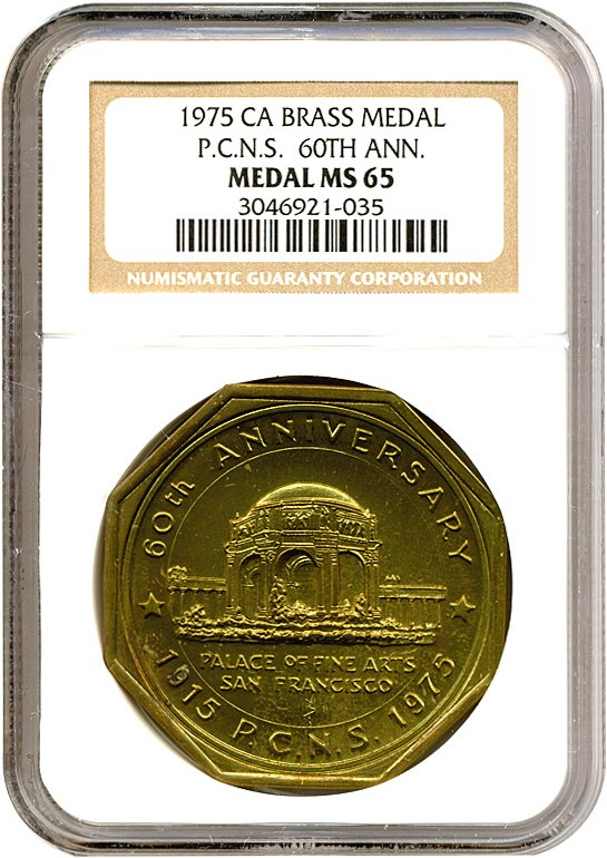 image for: 1975 CA Brass SC$1 Pacific-Coast Numismatic Medal NGC MS65 *Octagonal Design*