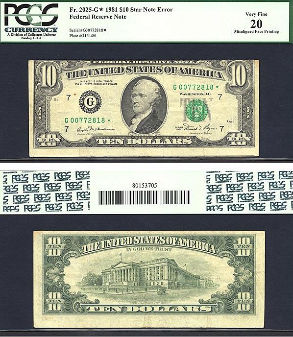 image for: Fr.2025G 1981 $10 Dark Green Seal PCGS VF20  [G00772818] *Star* *Error - Misaligned Face Printing*