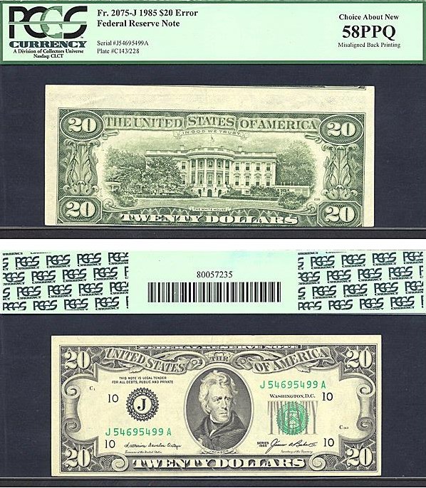 image for: Fr.2075J 1985 $20  PCGS AU58 PPQ [J54695499A] *Error - Misaligned Back Printing*