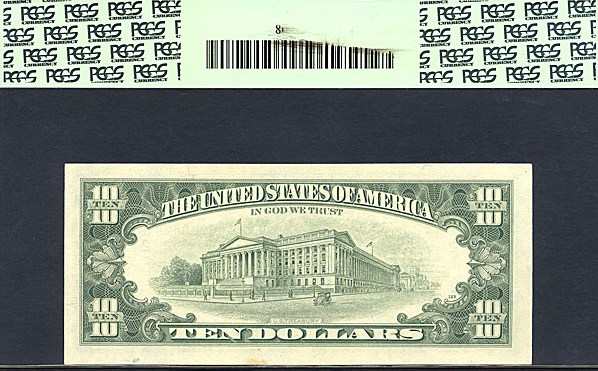 image for: Fr.2027B 1985 $10 b. Dark green seal PCGS Choice CU63 [B46940424C] *Error-Face Back to Full Offset*