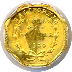 image for: Cal Gold: 1869 $1 PCGS MS62 (BG-1106) OGH