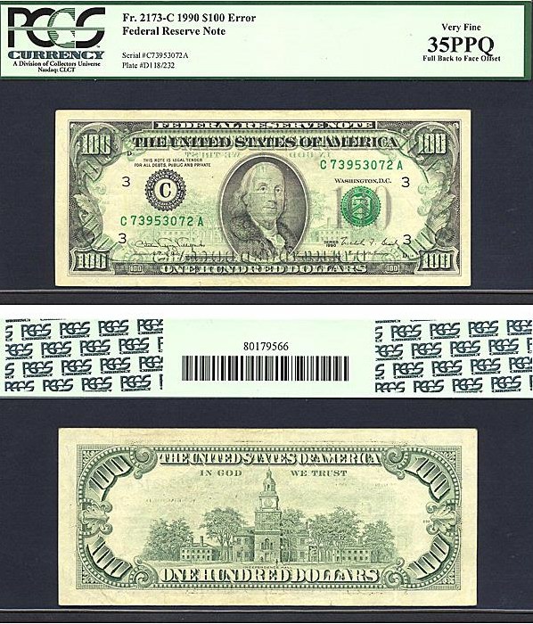 image for: Fr.2173C 1990 $100  PCGS VF35 PPQ [C73953072A] *Error - Full Back to Face Offset*