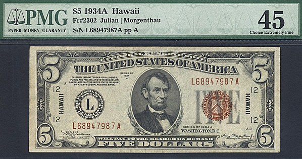 image for: Fr.2302 1934A $5 Hawaiian PMG XF45  [L68947987A]