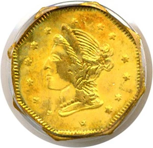 image for: Cal Gold: 1869 $1 PCGS MS62 (BG-1106) OGH