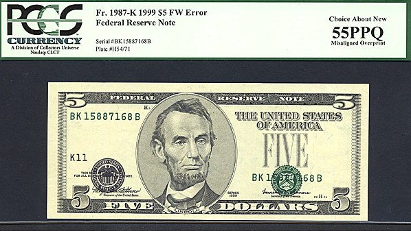 image for: Fr.1987K 1999 $5 Fort Worth, TX PCGS AU55 PPQ [BK15887168B] *Error - Misaligned Overprint*